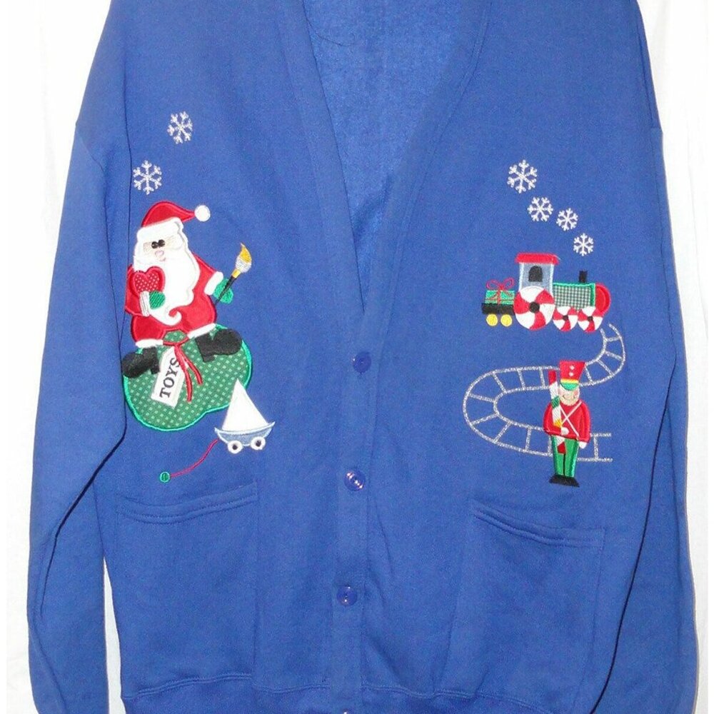Bellepointe At Ease One Size Cardigan Sweater Blue Christmas Santa Train Pockets
